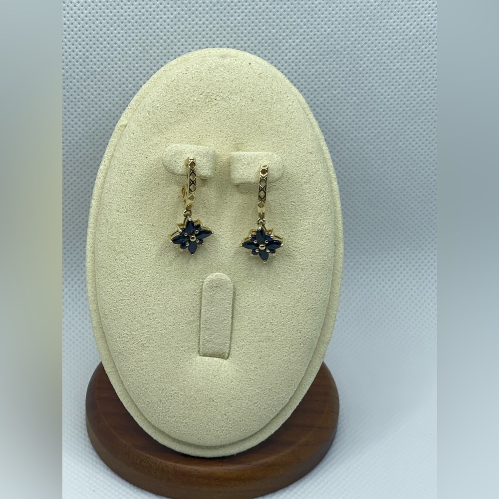 14K Solid Yellow Gold .80Ctw Sapphire Curve Celestial Star Dangle Earrings